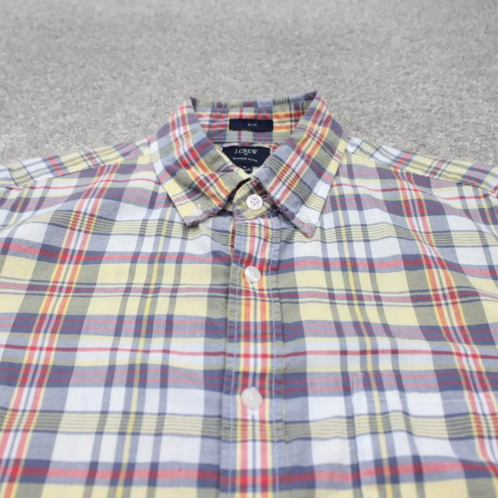 J Crew Summer Plaid Shirt Mens Medium Red/Blue/Yellow Slim Fit Cotton L/S Button